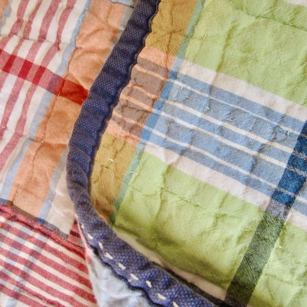 Pottery Barn Madras Plaid Patchwork Full Queen Quilt w 2 Shams Red Blue Green
